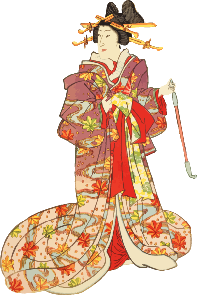 Free ukiyo-e item of A courtesan wearing a kimono with a maple leaf pattern