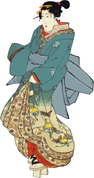 Free ukiyo-e item of Woman in kimono with butterflies and chrysanthemums pattern