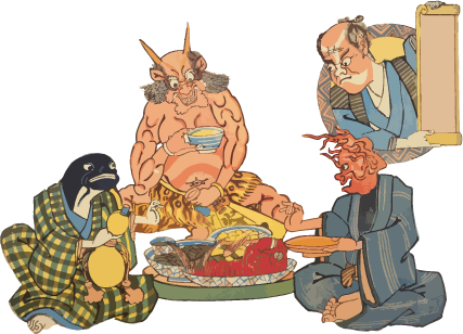Free ukiyo-e item of Catfish, demon, fire and old man