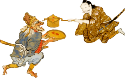 Free Japanese resource of A samurai giving a drink to a demon