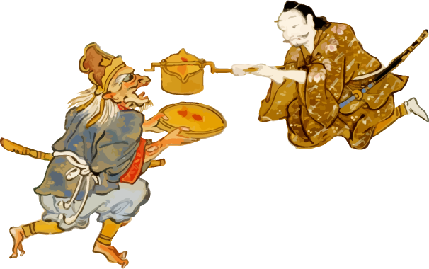 Free Japanese resource of A samurai giving a drink to a demon