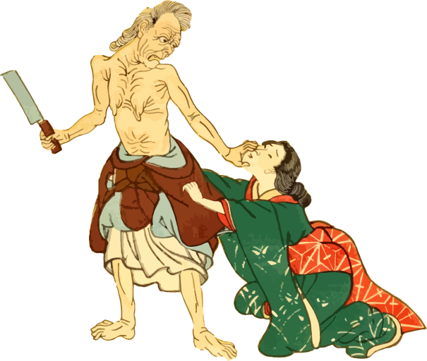 包丁を持ち出す上半身裸の老婆と奇行を止める女性の和風のイラスト素材 Ukiyoe Stock