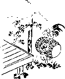 和太鼓に乗る鶏と庭のモノクロカット素材