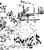 高台の建物と決壊した川のモノクロカット素材