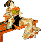 ベンチに座って夕涼みをする女性の和柄素材