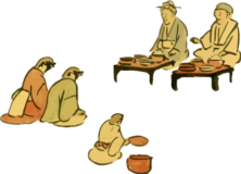 スズメのお宿でご馳走を食べるおじいさんとおばあさん_舌切り雀の昔話素材