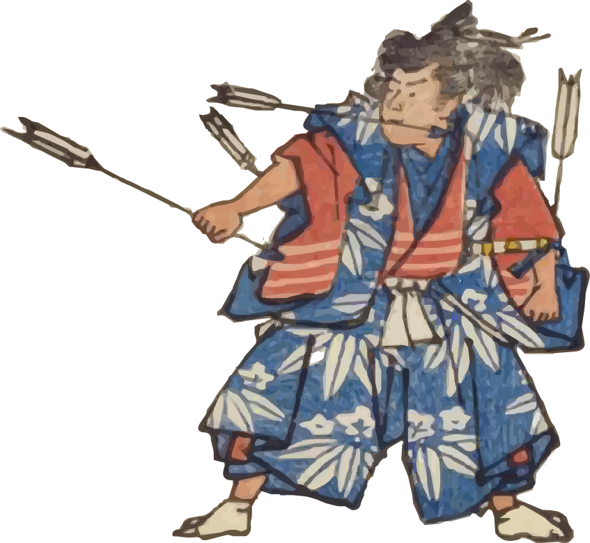Old Japanese illustration of  Samurai holding an arrow (Meaning: Yotsuya)