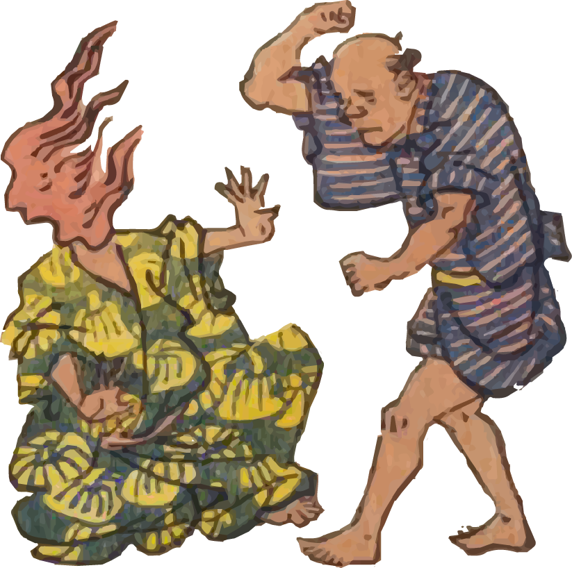 Old Japanese illustration of  The man who hits the fire man (Meaning: Nippori)