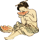 スイカを食べる女性のゆる画素材