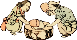伸し餅を作る2人のゆる画素材